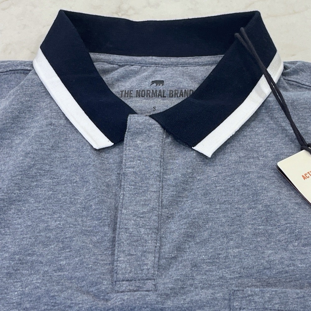 The Normal Brand NEW Mens Small Active Puremeso Tipped Polo Navy Lake Blue